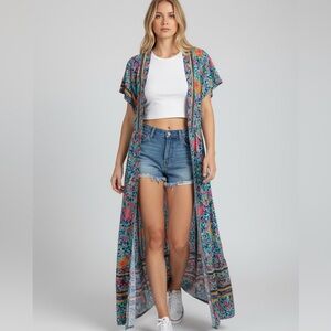 R.Vivimos Boho Retro Floral Print Open Cardigan Kimono Maxi Wrap XS
